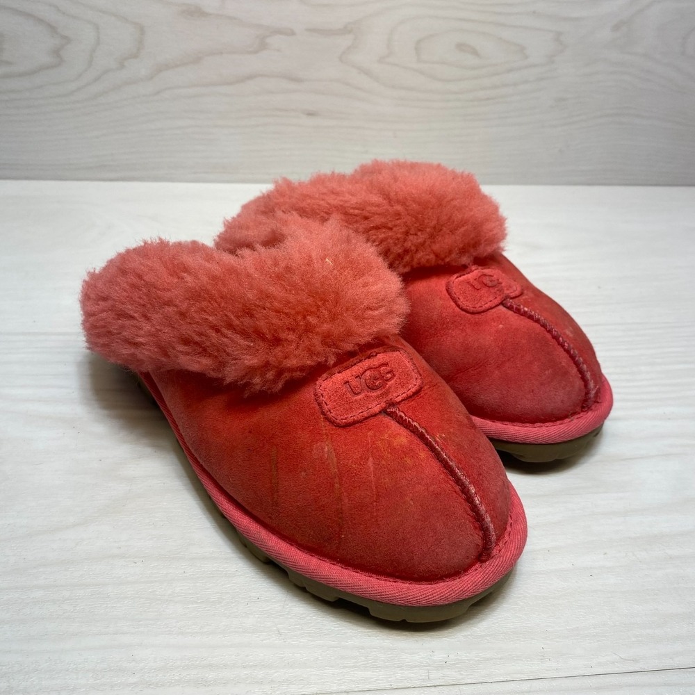 UGG Coquette Slide Slippers Women's Size 7 Pink Suede‎ Comfort Sheepskin Collar